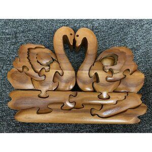 Handcrafted Intarsia Wooden‎ Swan Puzzle Decor - 6.5" x 4.5" - Rustic Natural